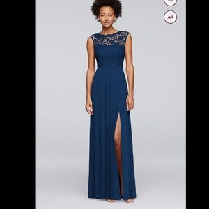 David’s Bridal Marine Blue Lace Bodice Gown